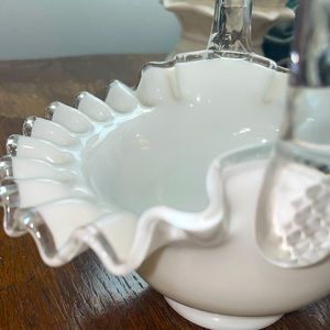 Vintage Fenton Milk Glass Silver‎ Crest Basket With Faux Bamboo Glass Handle